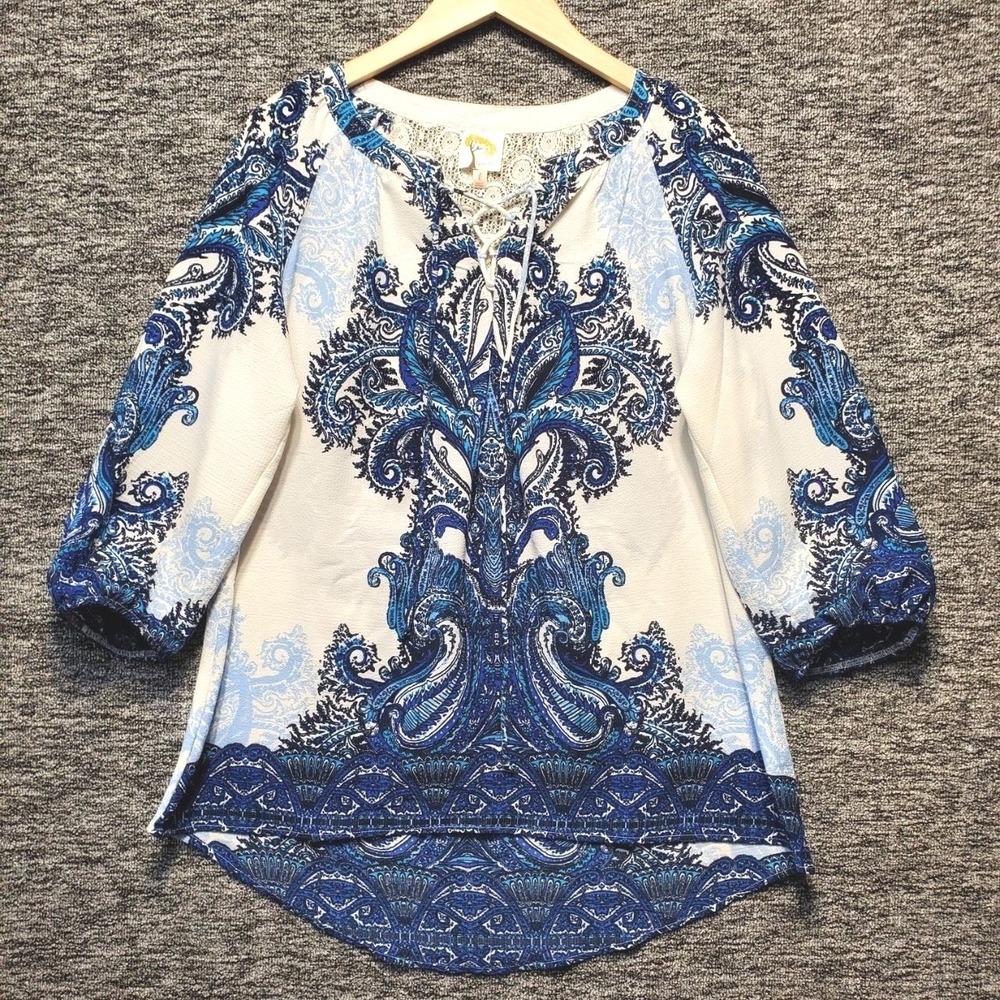 Fig & Flower Peasant Tunic Blouse Women Large Blue Paisley Crochet Back Boho Top